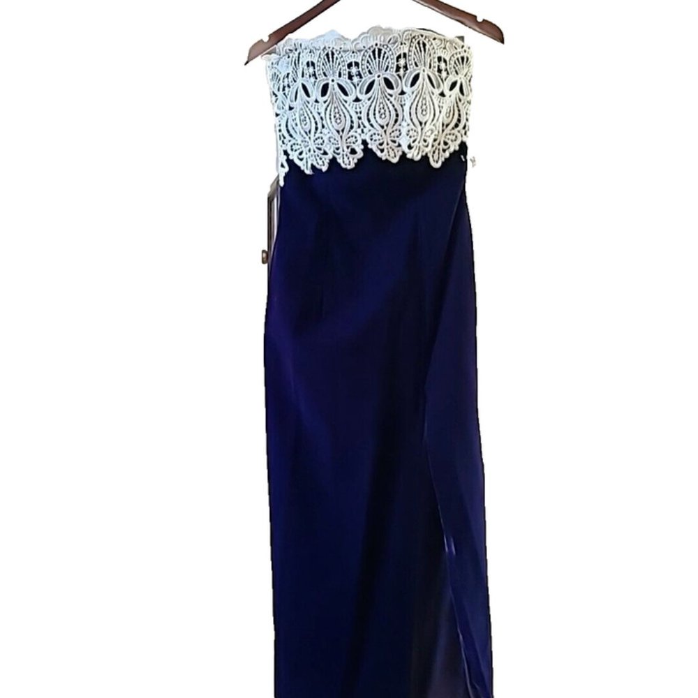 Vintage Dave & Johnny Formal Strapless Navy Velvet Dress with White Lace Bodice